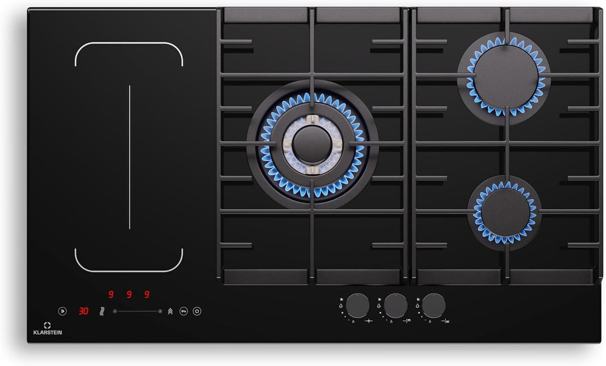 Placa de inducción y gas Klarstein MultiChef 5 - 5 zonas, Flexzone, 10,6 kW, control deslizante, Stop&Go, temporizador, negro, 87,5 cm