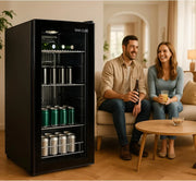 °CUBES Mininevera 90L con puerta de cristal y 4 estantes variables | Nevera compacta para bebidas, perfecta para el hogar, oficina, fiestas y hostelería | Elegante nevera con puerta de cristal, negra