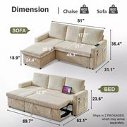 Sofá cama seccional Dyonery de 81", sofá cama en forma de L con chaise longue de almacenamiento reversible, USB, respaldo reclinable