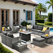 Conjunto de muebles de mimbre para patio exterior de 13 piezas XIZZI con mesa de fuego