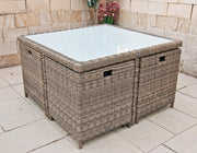 Ragnarök PolyRattan - Marca ALEMANA - Producción PROPIA - 8 años de garantía - Muebles de jardín, conjunto de comedor, mesa, 4 sillas, taburetes, 12 cojines, gris, aluminio inoxidable, natural, comedor, cubo, cristal