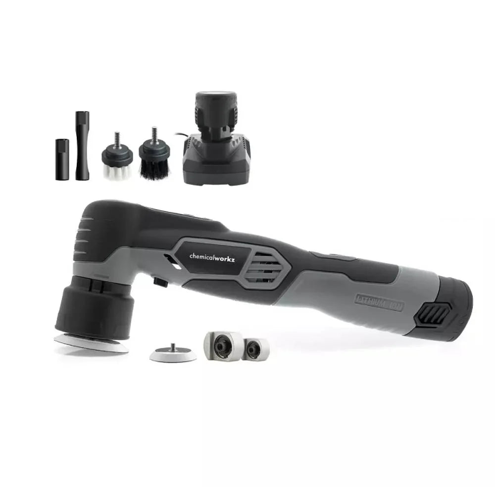 Pulidora inalámbrica EVO Mini, juego de 25 piezas con excéntrica y rotativa, baterías, adaptadores, almohadillas de pulido y accesorios