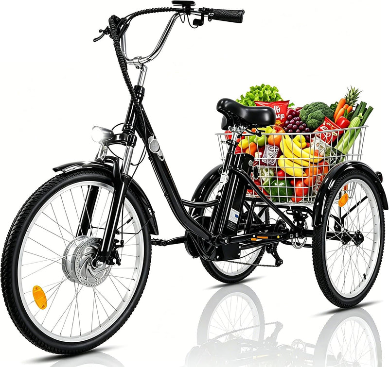 Triciclo eléctrico para adultos de 24 pulgadas para hombres y mujeres, bicicleta eléctrica de 3 ruedas con batería de litio de 36V 15Ah, motor de 250W, bicicleta de carga, pantalla LCD, velocidad de 25 KM/H