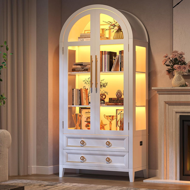 Vitrina de cristal arqueada LVSOMT con iluminación LED, mueble vitrina de 180 cm con puertas de cristal, vitrina curva con 4 estantes de exposición y 2 cajones, luz de 3 colores, vitrina de cristal y madera para salón y pasillo, blanco