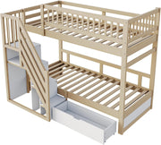 Litera 90x200 para 2 niños, cama alta infantil con escalera, armario de almacenamiento y cajón, cama funcional, litera, cama alta juvenil con 2 somieres, madera maciza, sin colchón, color madera