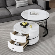 Juego de 2 mesas de centro redondas con tablero de PVC con patrón de mármol y estructura de metal, juego de mesas auxiliares, mesa de café y mesa de sofá con 2 cajones para sala de estar y dormitorio (blanco y negro - 75 cm)