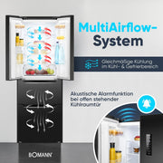 Frigorífico con congelador Bomann® | Congelador No-Frost | Frigorífico de 186 cm | 39 dB | Frigorífico combi con MultiAirflow | 320 L | Frigorífico combi No-Frost | KG 7361 negro-inox