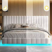 Cama de plataforma tapizada AMERLIFE con luces LED, diseño flotante, soporte de listones sólidos