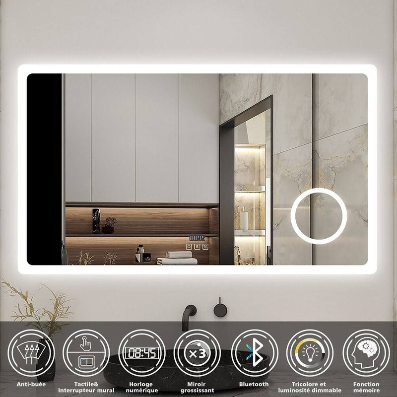aica sanitaire Espejo de luz inteligente con reloj + lupa + Bluetooth + tres tonos de luz + antivaho