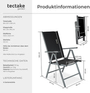tectake® Set de 4 sillas de jardín de aluminio, silla plegable con respaldo ajustable en 7 posiciones, silla de respaldo alto con reposabrazos, juego de muebles de jardín con 4 sillas, para jardín, balcón, terraza, camping, antracita