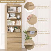 Estantería FirFurd de 202 cm con 3 cajones y 4 estantes, armario alto para salón, mueble de salón con baldas ajustables, vitrina para salón, despacho o cocina, 202x60x35 cm, roble