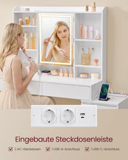 Colección VASAGLE Kailyn - Tocador con iluminación LED, mesa de maquillaje con regleta, espejo, tocador con estantes ajustables, moderno, 40 x 124,7 x 145 cm, blanco nube RDT644WB01
