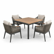 Conjunto de comedor de jardín de teca y aluminio con sillas de cuerda