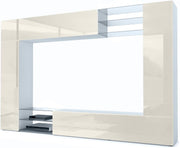 Mueble de salón Vladon Mirage, fabricado en Alemania, mueble mural con panel trasero, 2 puertas, 2 puertas abatibles y 6 estantes de cristal abiertos, blanco mate/crema de alto brillo (262 x 183 x 39 cm)