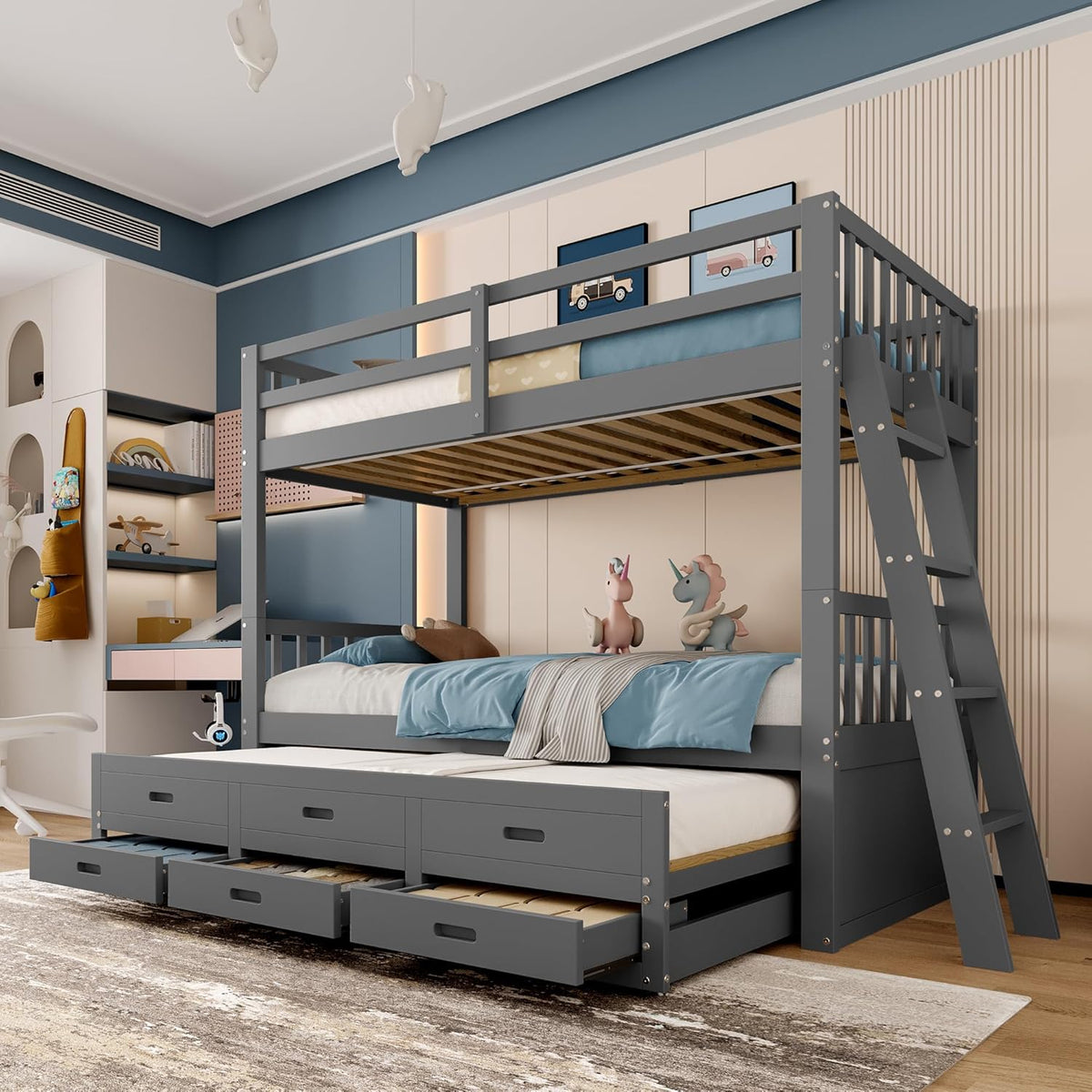 Ymkua Cama litera para niños 90x200 cm con almacenamiento, cama alta con escalera y cama nido, cama juvenil estructura con 3 cajones, cama de madera con protección anticaídas y somier, sin colchón (Gris)