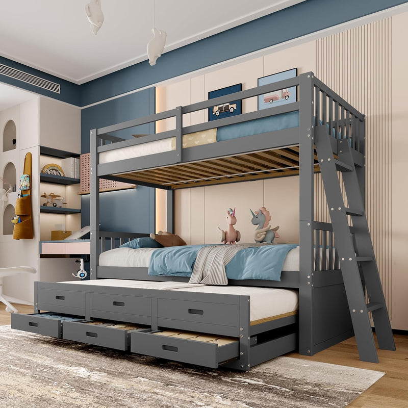 Ymkua Cama litera para niños 90x200 cm con almacenamiento, cama alta con escalera y cama nido, cama juvenil estructura con 3 cajones, cama de madera con protección anticaídas y somier, sin colchón (Gris)