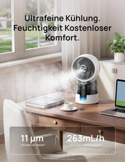 Ventilador nebulizador DREO TurboCool 516S, ventilador de mesa con oscilación de 150°+30°, enfriador evaporativo, 7.9 m/s, niebla ultrafina, 20 dB silencioso, 6 velocidades, 2 modos, control por app y mando a distancia, RGB, blanco