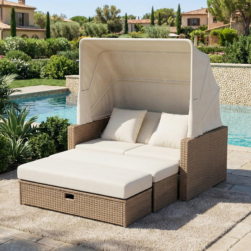 Muebles de jardín de ratán sintético para 2-4 personas, sofá de jardín, sofá lounge, mesa de centro ajustable, toldo extraíble, ratán de PE y esponja, caqui
