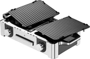 WMF Lono Master-Grill, parrilla eléctrica, 50x28 cm, parrilla de mesa eléctrica con protector contra el viento y bandeja de goteo, certificada para uso en exteriores, 2 superficies de cocción regulables por separado, 2400 W, acero inoxidable mate