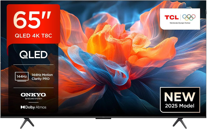 Televisor TCL 65T8C 65" QLED 4K HDR Ultra HD, Smart TV con Google TV (Dolby Vision y Atmos, 144Hz Motion Clarity Pro, FreeSync, sonido Onkyo 2.1, control por voz)