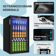 EUHOMY Mini refrigerador de bebidas de 90L para 126 latas con puerta de cristal, estantes ajustables, para hogar, bar, oficina, acero inoxidable negro
