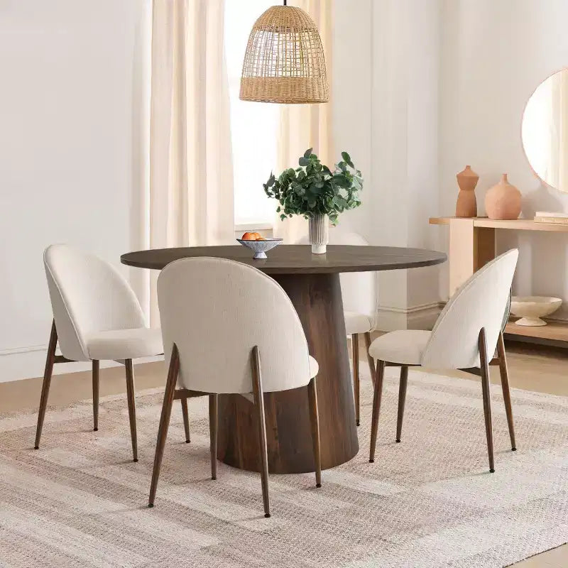 Juego de comedor redondo de 5 piezas, mesa con pedestal de 46 pulgadas en tono nogal y sillas tapizadas sin brazos, para rincones de desayuno - Panipeachy