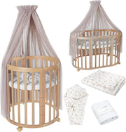 Cuna ovalada evolutiva Waldin, set completo 7 en 1, cuna de barrotes, cama infantil con colchón, cambiador, cuna colecho, madera blanca