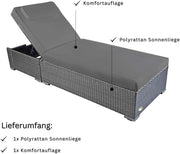 Tumbona de jardín RS Trade resistente a la intemperie de ratán sintético con ruedas – Tumbona de exterior de ratán con respaldo ajustable en varias posiciones para jardín, terraza, balcón y piscina, gris con cojín gris