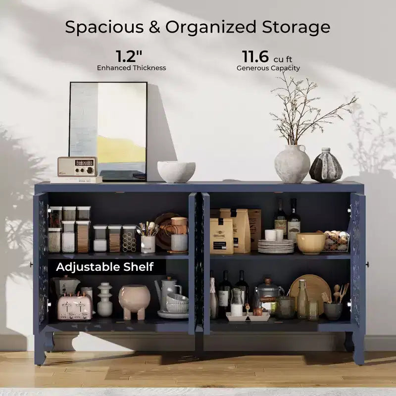 Aparador con almacenamiento, gabinete de almacenamiento con acabado desgastado, 4 puertas talladas y estante ajustable, mueble buffet de madera decorativo