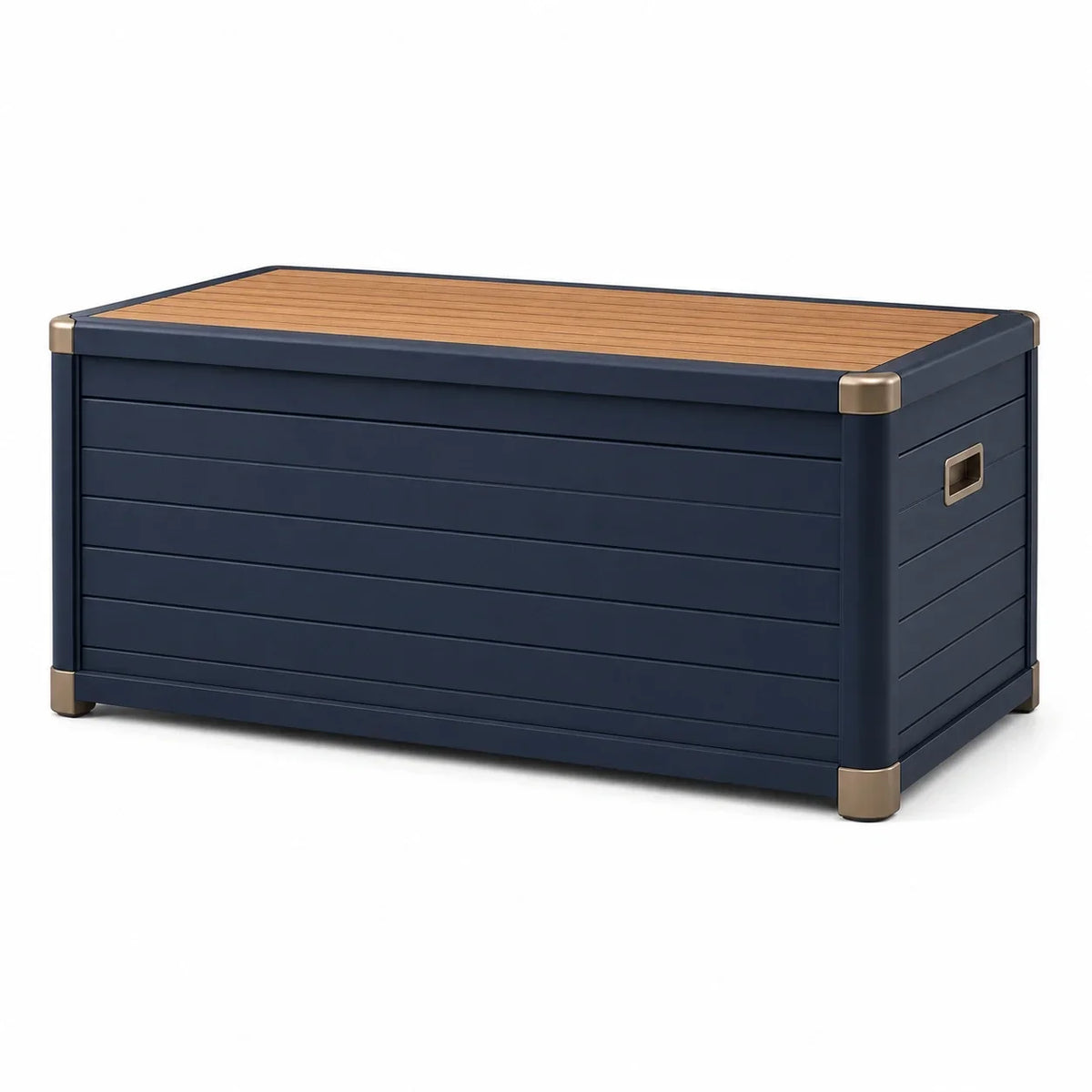Arcón de exterior de polietileno azul con aspecto de madera