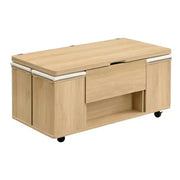 Mesa de centro elevable moderna multifuncional Zeus & Ruta con almacenamiento oculto, 4 taburetes y ruedas, perfecta para espacios modernos