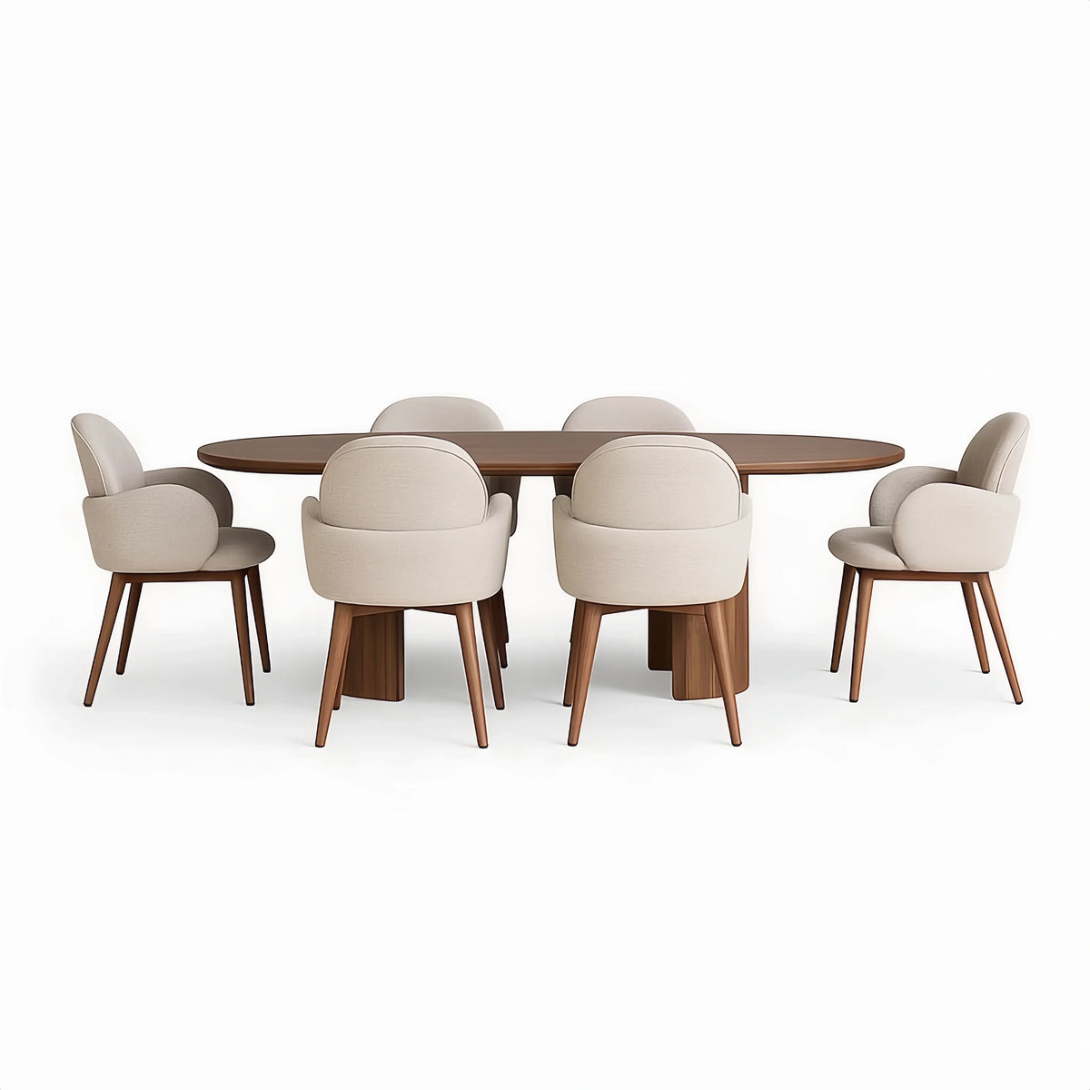 Juego de mesa y 6 sillas de interior ovaladas de madera con tapicería de tela