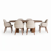 Juego de mesa y 6 sillas de interior ovaladas de madera con tapicería de tela