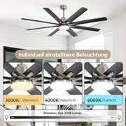 Ventilador de techo Sofucor de 132 cm con luz, ventilador de techo silencioso con luz y mando a distancia, motor CC, 8 aspas, 3 temperaturas de color, temporizador, 6 velocidades, modo verano e invierno para salón