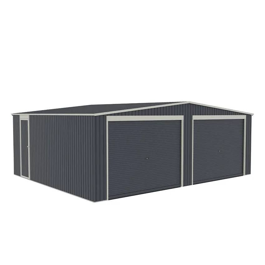 Garaje de metal doble de 32 m² gris antracita con doble puerta enrollable