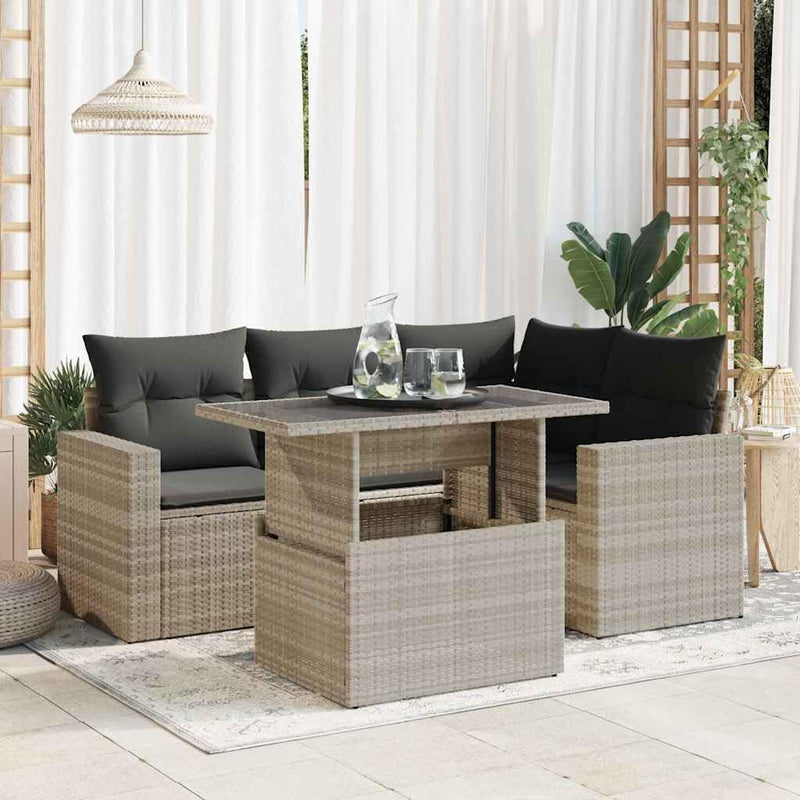 vidaXL Conjunto de sofás de jardín de 5 piezas con cojines gris claro de poliratán, conjunto de sofás de exterior, conjunto de sofás de exterior, set de salón de jardín, conjunto de sofás de jardín