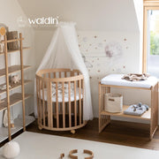 Cuna ovalada evolutiva Waldin, set completo 7 en 1, cuna de barrotes, cama infantil con colchón, cambiador, cuna colecho, madera blanca