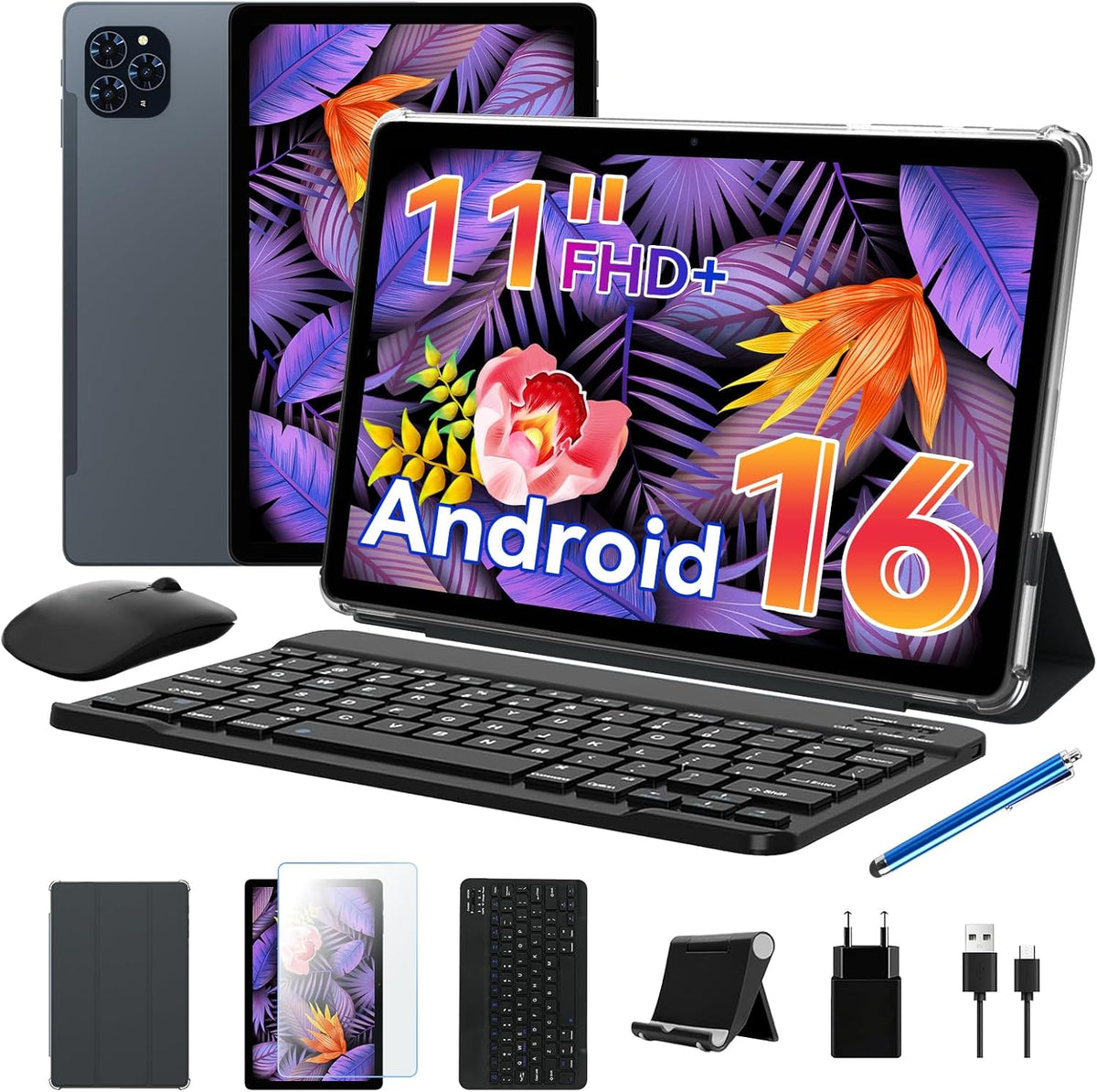 Tableta T90 con teclado y lápiz óptico - Primera tableta Android 16 del mundo, 11 pulgadas, 1920x1200 FHD+, 24 GB RAM+128 GB ROM / 2 TB TF, Octa-Core, 8000 mAh, 13 MP+5 MP, Widevine L1, Face ID