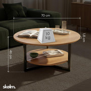 Mesa de centro red onda skølm Drakkar Ø70 cm – Mesa de salón de madera maciza de roble y estructura de metal – Mesa de sofá con 2 estantes – Mesa auxiliar pequeña aceitada – Mesa de madera para salón con espacio de almacenamiento – Mesa de centro