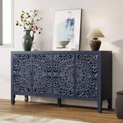 Aparador con almacenamiento, gabinete de almacenamiento con acabado desgastado, 4 puertas talladas y estante ajustable, mueble buffet de madera decorativo