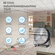 Ventilador industrial Be Cool 75 cm BCIWM75CM – Ventilador de tambor móvil, Ø 75 cm (30"), 300 vatios, motor de cobre puro, 2 velocidades, aspas de aluminio, rejilla de protección tipo telaraña, negro