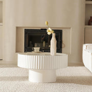 Mesa de centro redonda de madera, mesa de salón redonda con diseño acanalado, mesa de café en forma de seta de φ70×38 cm, mesa de centro redonda blanca de madera de pino para salón, habitación y balcón