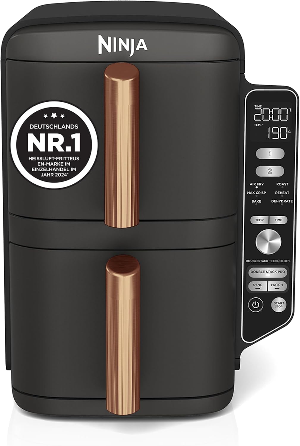 Freidora de aire Ninja Double Stack XL, 2 cajones verticales, 4 niveles de cocción, 2 rejillas, diseño compacto, capacidad de 9,5 L, 6 funciones, 8 raciones, pinzas, negro/cobre SL400EUCP