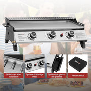 Plancha de gas propano Royal Gourmet de acero inoxidable, 3 quemadores de 7,5 kW, superficie de cocción de 61,5 x 32 cm con rejilla de calentamiento, adecuada para camping y exteriores, plateada