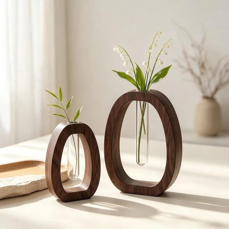 Jarrón de madera con tubo de ensayo | Florero de mesa minimalista para flores frescas y secas