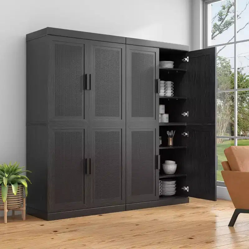 Armario de almacenamiento decorativo de 62 pulgadas, color negro, de mimbre y madera con 12 estantes