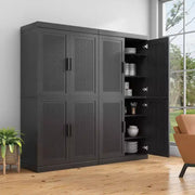 Armario de almacenamiento decorativo de 62 pulgadas, color negro, de mimbre y madera con 12 estantes