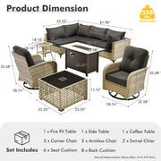 Conjunto de 9 piezas de sillas giratorias de mimbre para exteriores OVIOS con mesa de fuego