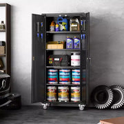 Gabinete de almacenamiento para garaje con ruedas y tablero perforado, armario de metal con cerradura de 72" de altura, 2 puertas y 4 estantes ajustables para taller de garaje