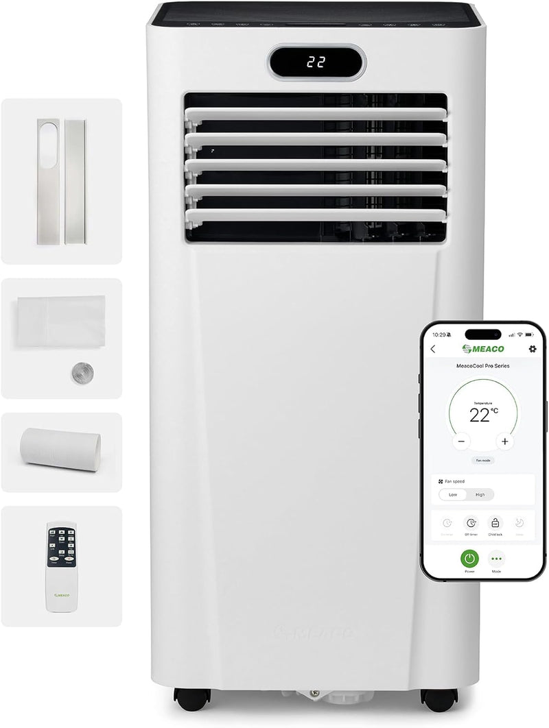 Aire acondicionado portátil MeacoCool MC Series Pro 10000 BTU con control por aplicación, mando a distancia, clase energética A, silencioso (53 dB), refrigeración 4 en 1, 18–28 m², modo sueño, 2 kits de ventana